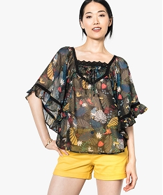GEMO Blouse transparente manches larges façon cape violet chine