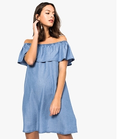 robe femme trapeze en lyocell avec col bateau a volant bleu7245401_1