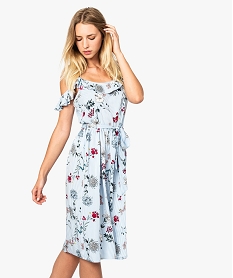 GEMO Robe rayée avec motifs fleuris et épaules dénudées Imprimé