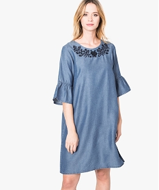 GEMO Robe en Lyocell avec broderies fleuries au niveau du col Bleu