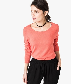 pull femme en maille fine extensible a grand col rond orange7256601_1