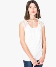 GEMO Tee-shirt femme en viscose avec épaules en dentelle blanc chine