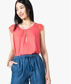 GEMO Tee-shirt femme en viscose avec épaules en dentelle Orange