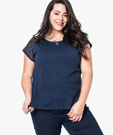 GEMO Tee-shirt femme à manches courtes avec épaules en dentelle Bleu