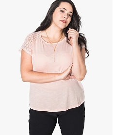 GEMO Tee-shirt femme à manches courtes avec épaules en dentelle Rose