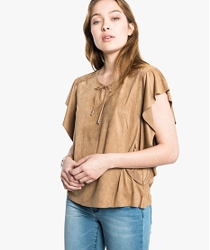 GEMO tee-shirt à volant aspect peau de pêche marron vif
