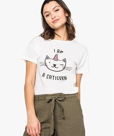 GEMO Tee-shirt femme fluide à manches courtes avec imprimé Blanc