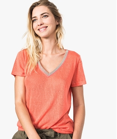 GEMO Tee-shirt femme fluide à col V avec finition perles Orange