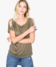 GEMO Tee-shirt en maille pailletée avec épaules dénudées Vert