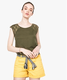 GEMO Tee-shirt sans manches avec dentelle et petits clous dorés Vert