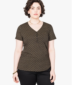 GEMO Tee-shirt femme imprimé à manches courtes et col V boutonné Imprimé
