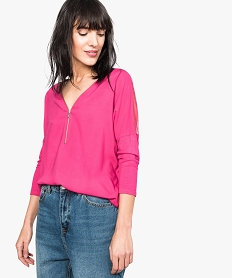 GEMO Blouse multimatière à col zippé et manches 34 rose vif