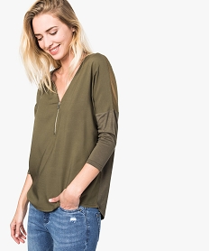 GEMO Blouse multimatière à col zippé et manches 34 Vert