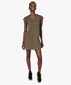 GEMO Robe tee-shirt femme avec manches courtes en dentelle kaki standard