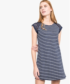 GEMO Robe tee-shirt femme avec manches en dentelle Bleu