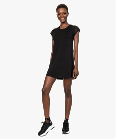 GEMO Robe tee-shirt femme avec manches courtes en dentelle Noir