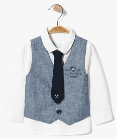 GEMO Ensemble 3 pièces chic : chemise + gilet sans manches + cravate kaki chine