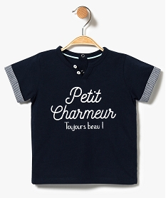 tee-shirt a manches courtes avec col tunisien et inscription sur lavant bleu7295401_1