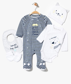 GEMO Ensemble 5 pièces : pyjama + body + bonnet + moufles + bavoir motif chat blanc standard