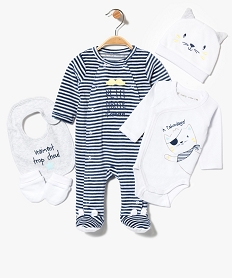 GEMO Ensemble 5 pièces : pyjama + body + bonnet + moufles + bavoir motif chat Blanc