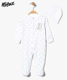 GEMO Ensemble pyjama et bonnet avec motifs étoiles en coton BIO Blanc
