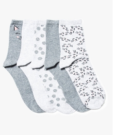 GEMO Lot de 5 paires de chaussettes hautes chinées à motif chat Gris