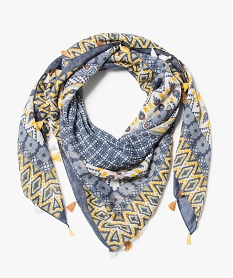 foulard carre imprime ethnique et pompons gris7374101_1