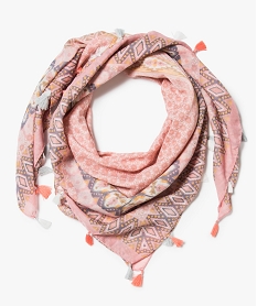 GEMO Foulard carré imprimé ethnique et pompons Rose