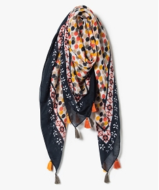 foulard carre imprime geometrique et pompons multicolore7377201_1