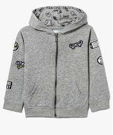 sweat zippe a capuche avec badges et print gris7450301_1