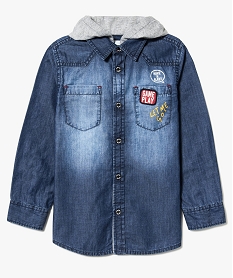 GEMO Chemise garçon à capuche en coton avec devant chambray et dos jersey imprimé Bleu