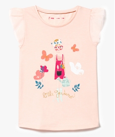 tee-shirt a motifs fleuris et petites manches en tulle rose7510901_1