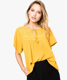 blouse ample en viscose avec broderies a lencolure jaune7550501_1