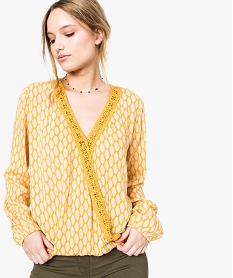 GEMO Blouse imprimée forme cache-coeur à manches longues Multicolore