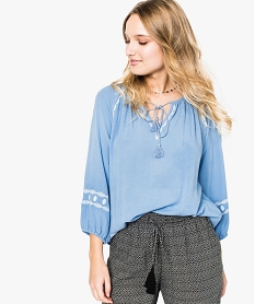 GEMO Blouse en crêpe avec broderie et manches longues bleu standard