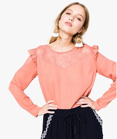 GEMO Blouse à manches longues avec devant en dentelle rose standard