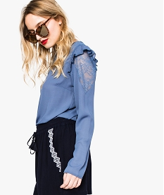 GEMO Blouse à manches longues avec devant en dentelle bleu standard