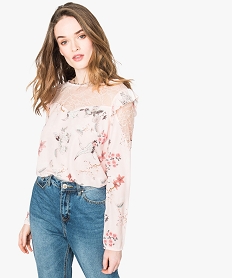 GEMO Blouse fluide à motifs avec dentelle et volants Multicolore