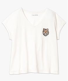 tee-shirt losse col v avec ecusson tigre - gemo x lalaa misaki blanc t-shirts en coton7554401_4