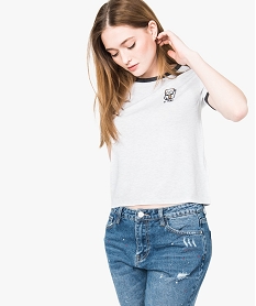 GEMO Tee-shirt femme à manches courtes avec col contrastant Blanc