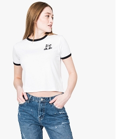 GEMO Tee-shirt femme à manches courtes avec col contrastant Blanc