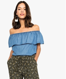 top en lyocell a encolure volantee bleu blouses7563201_1