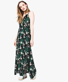 GEMO Robe longue femme à motifs fleuris et fines bretelles kaki fonce