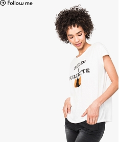 GEMO Tee-shirt à manches courtes avec inscription et pompons colorés Blanc