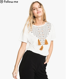 GEMO Tee-shirt à manches courtes avec motifs ethniques Blanc