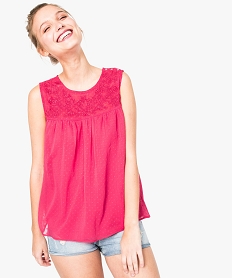 GEMO Blouse femme sans manches en voile plumetis avec broderie rose vif