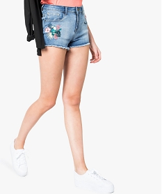 GEMO Short en denim avec broderies et bords frangés Bleu