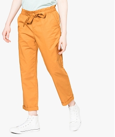 GEMO Pantalon carotte en toile de coton avec taille élastiquée Brun