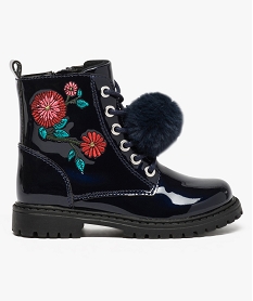 GEMO Bottines vernies à broderies fleurs et pompon amovible Bleu