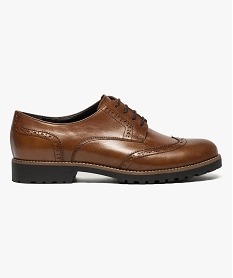 GEMO Derbies femme dessus cuir avec ajours et guipures Brun